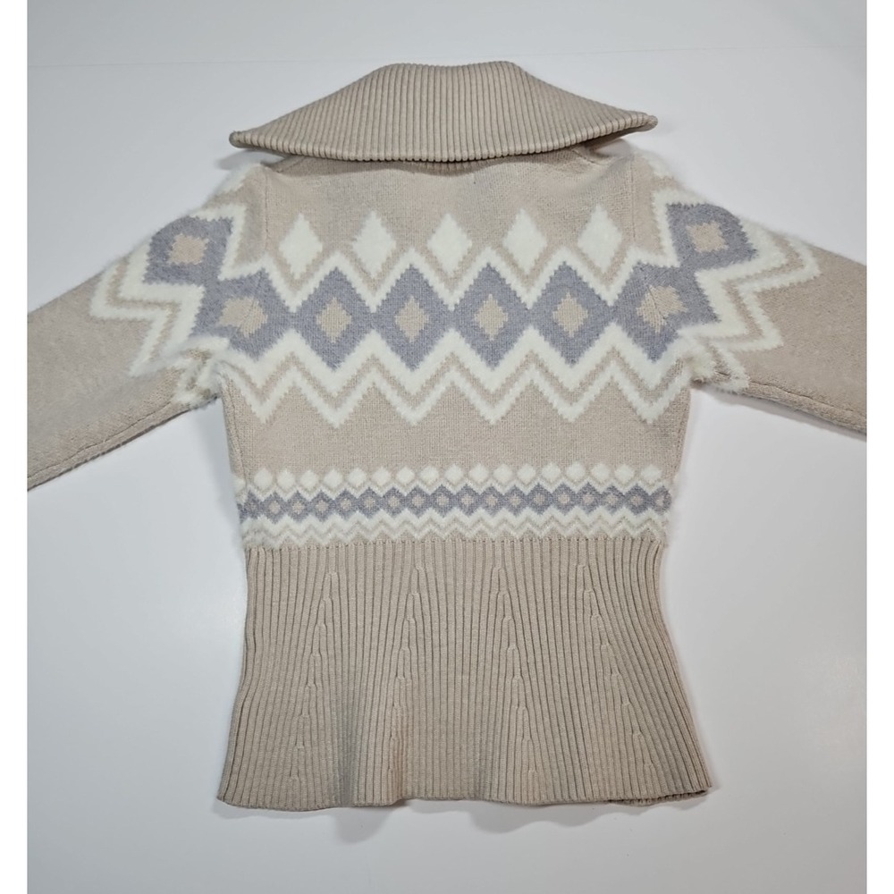 Tahari Womens Tan Fair Isle Collared  Full Zip Knit‎ Cardigan Jacket Size Small - Picture 2 of 8